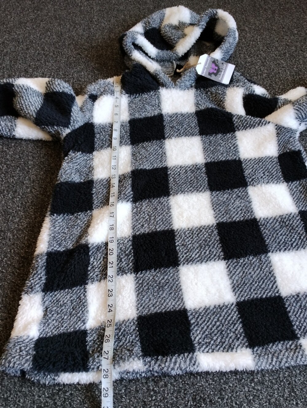 Fleece Black & White Check Pullover Hoodie Hooded Sweatshirt Womens Large - Picture 6 of 9